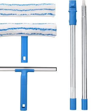 Window Cleaner with Long Handle(57IN), Glass Cleaning Tools with Silicon Squeegee & Microfiber Scrubber, Window Cleaning Kit for Shower Glass Mirror Door Car - Image 1