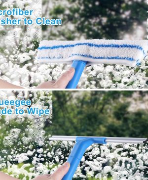 Window Cleaner with Long Handle(57IN), Glass Cleaning Tools with Silicon Squeegee & Microfiber Scrubber, Window Cleaning Kit for Shower Glass Mirror Door Car - Image 2